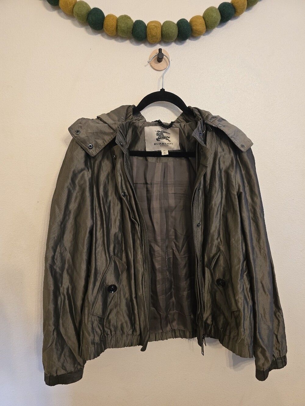 RARE Burberry London Metallic Bronze Olive Jacket Women's Size 10 Lined & Hood